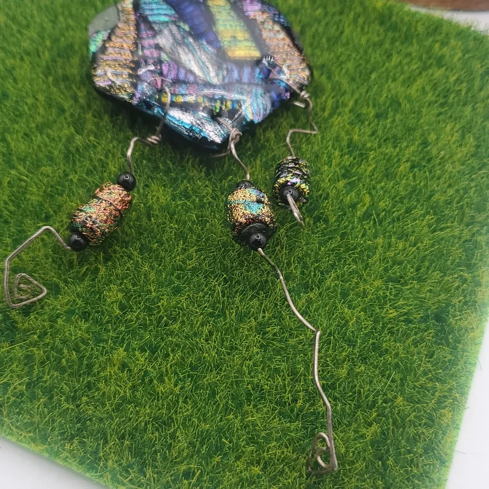 Vintage Signed 1997 Dichroic Art Glass Brooch Pin Fused Abstract Dangle B447